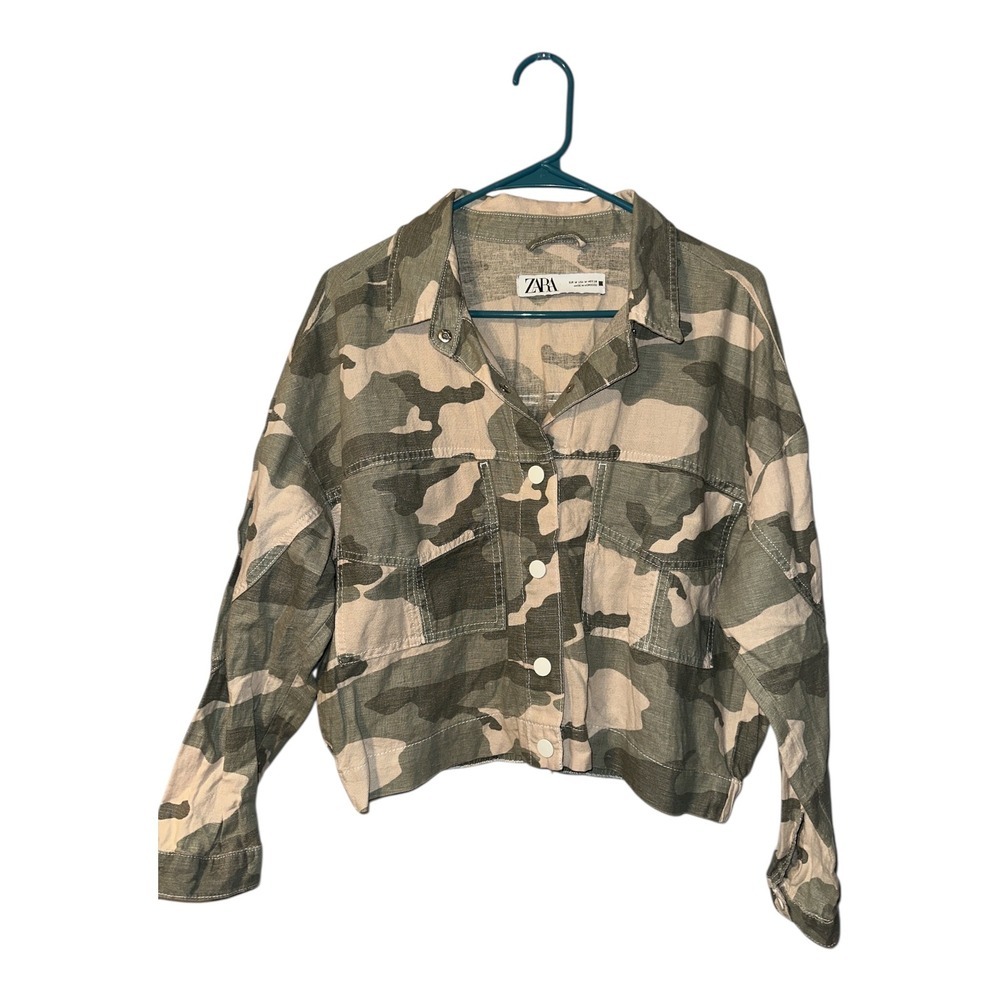 Zara Green Camo‎ Linen Blend Cropped Jacket, Womens Medium - Picture 2 of 8